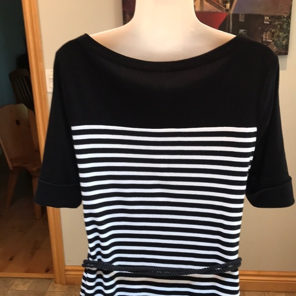 LRL NEW Black and White Striped Belted Cotton Mini Dress Size M Petite - Picture 7 of 15
